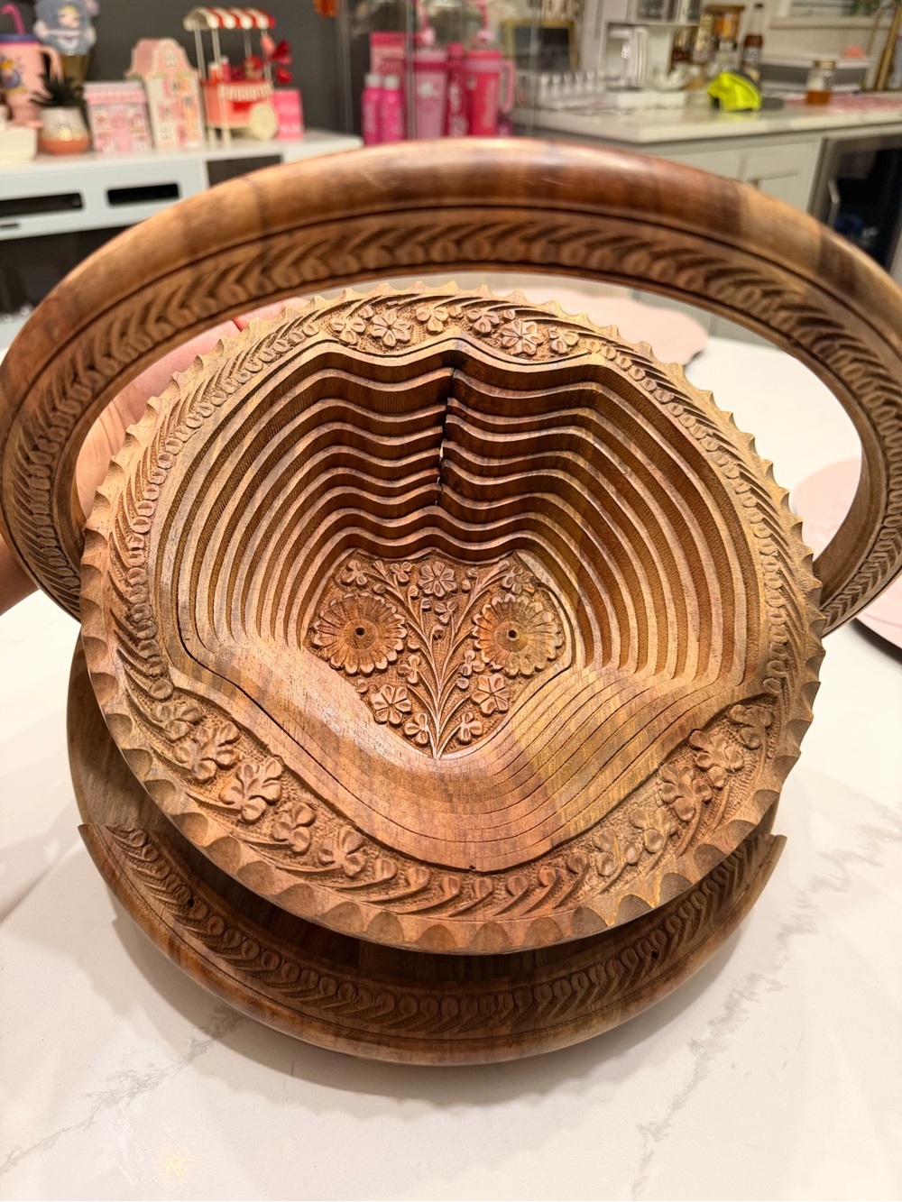 Hand-Carved Wooden 3D collapsible fruit basket